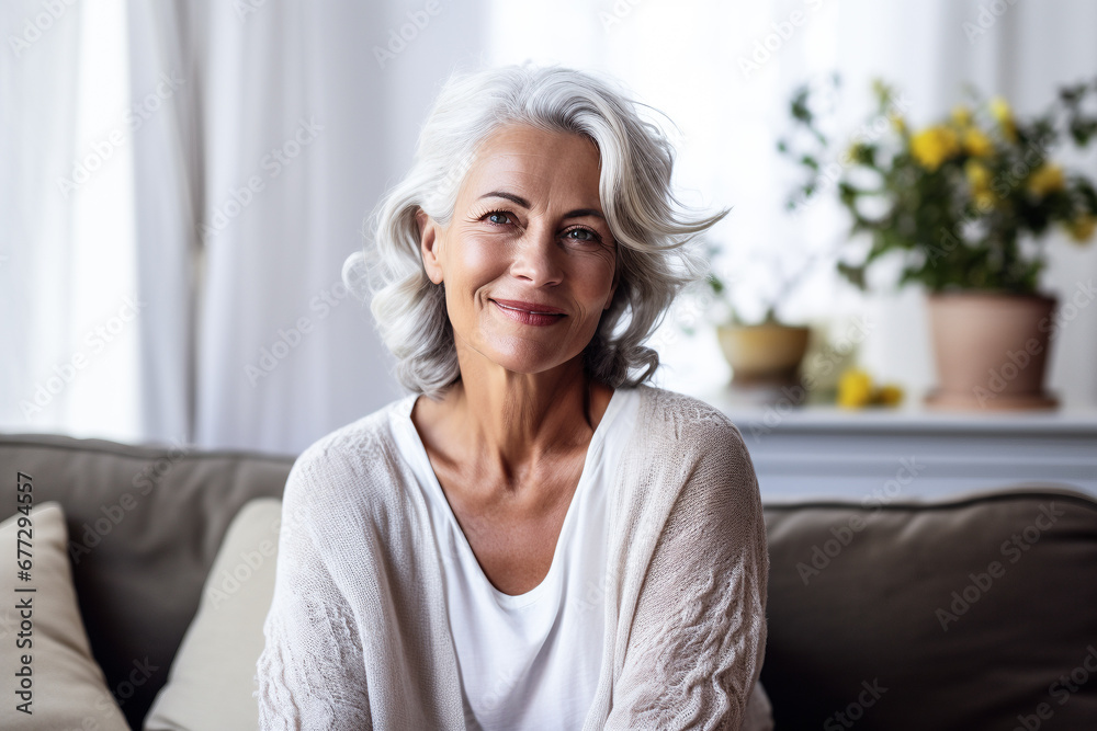 Femme sénior souriante assise dans son salon Femme sénior souriante assise dans son salon