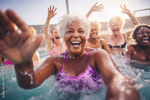 Multiracial Mature women having fun and doing water aerobics in pool photo