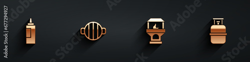 Set Sauce bottle, Barbecue grill, Brick stove and Propane gas tank icon with long shadow. Vector