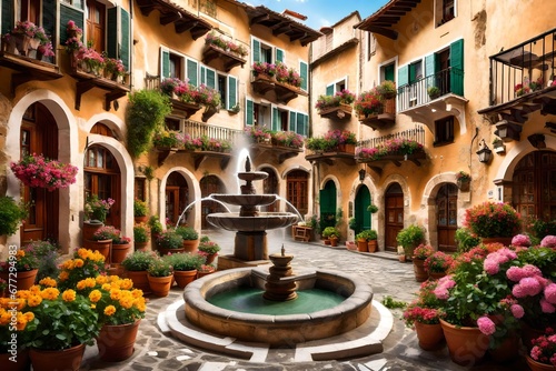 A traditional village square, featuring a charming fountain surrounded by historic buildings with flower-filled balconies.