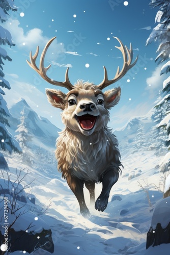 illustration of a reindeer leaping through a snowy landscape, furry mammal smiling with antlers, generative ai 