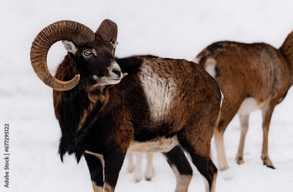 Large rams on a snowy mountain range in the wild - obrazy, fototapety, plakaty 