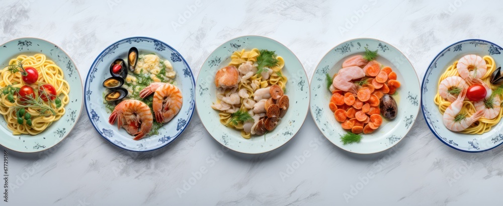Fototapeta premium pasta seafood and meat on plates