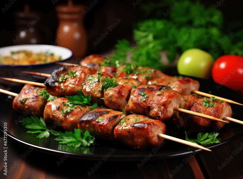 chicken sausage on skewers with parsley, parsley and spices as a side dish