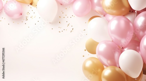 Birthday background with balloons, gold and pink, large copyspace area