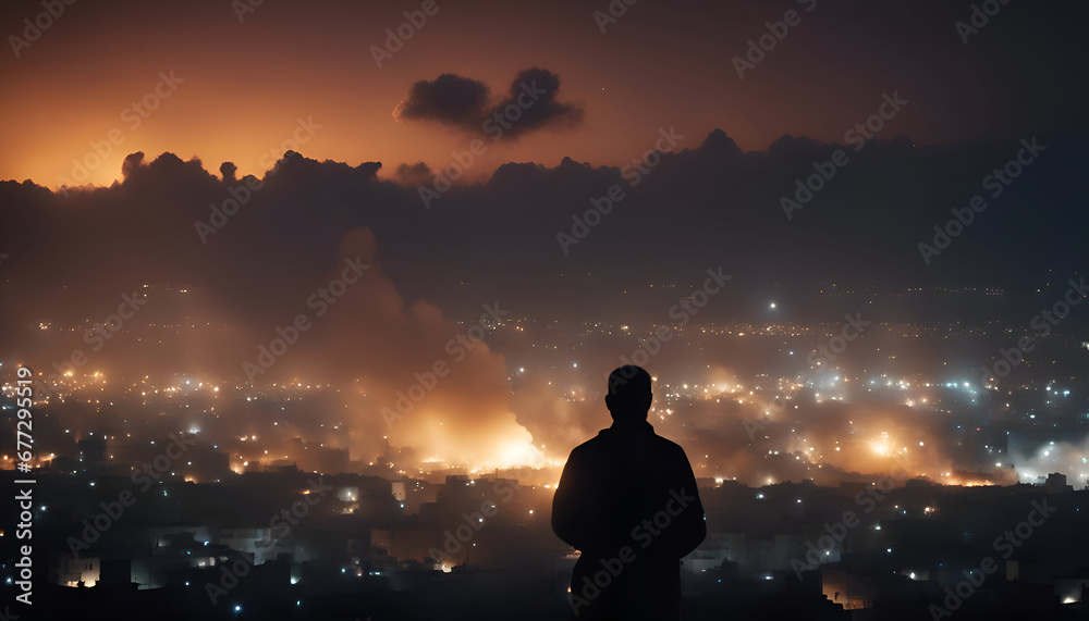Silhouette of businessman looking at city at night. Mixed media