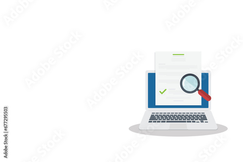 Online digital document inspection or assessment evaluation on laptop computer, contract review, analysis, inspection of agreement contract, compliance verification. Vector illustration  © madedee