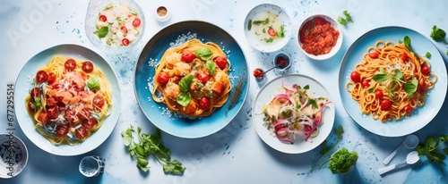 some pasta dishes on table in white and grey