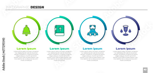 Set Church bell, Holy bible book, Priest and Christian chalice. Business infographic template. Vector