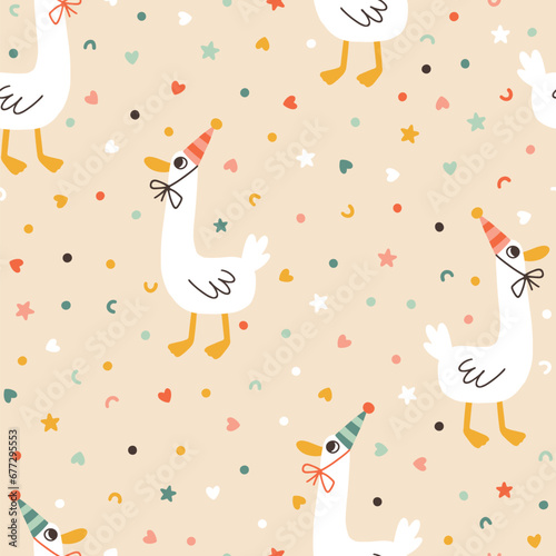 Birthday seamless pattern with a cute duck in a cone with confetti sprinkles. Vector hand drawn cartoon illustration of festive elements and funny characters. Vintage fun pastel palette.