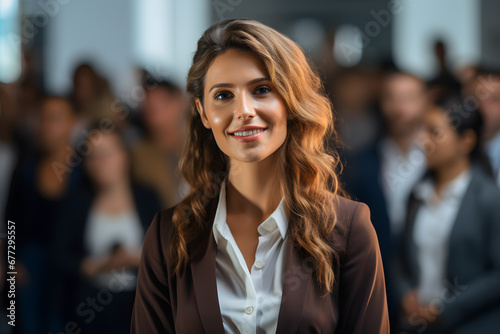 Confident businesswoman delivering a corporate presentation at a seminar or conference, showcasing her expertise and leadership skills in a professional setting,