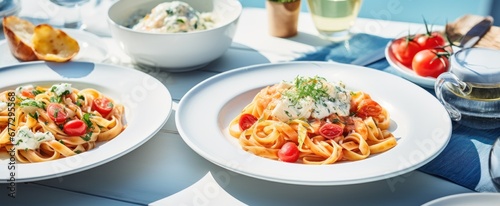 some pasta dishes on table in white and grey