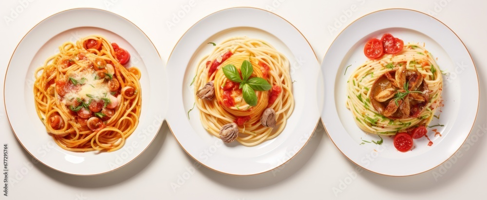three different plates of spaghetti with sauce and different meat