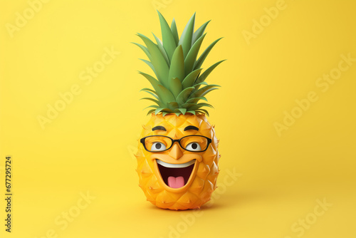  3D simple Pineapple fruit intelligent in glasses, with happy character face