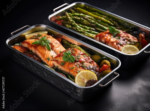 five trays with salmon, asparagus, vegetables and lemon on grey background