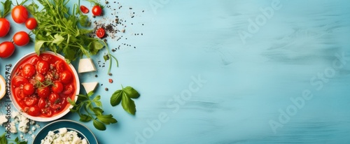 fresh spaghetti pasta, salad, light aquamarine and red