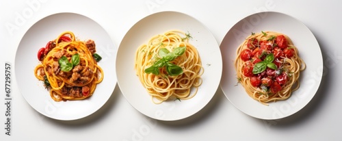 three different plates of spaghetti with sauce and different meat