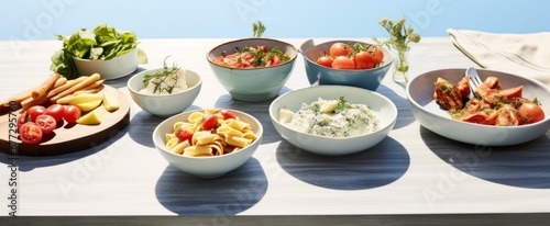 some pasta dishes on table in white and grey