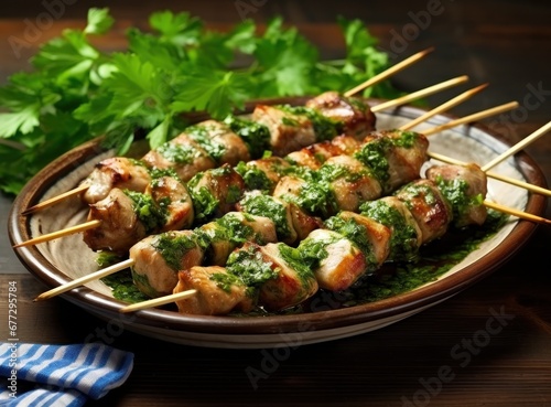 chicken skewers with herbs and parsley on a wooden table