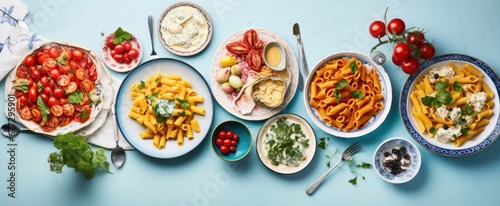 some pasta dishes on table in white and grey