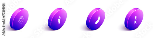 Set Isometric Strawberry, Hot chili pepper, Eggplant and Tabasco sauce icon. Vector