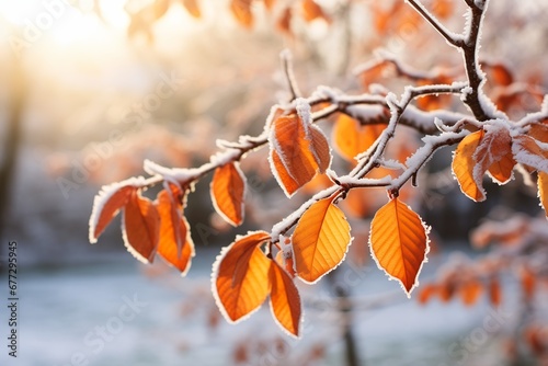 branch tree frost sun shining leaves avatar covered fallen petals falling glimmering orange dawn glittering ice sheltered