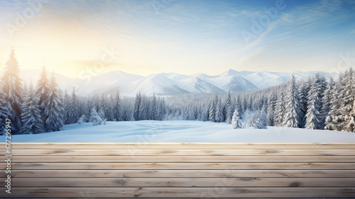 Empty wooden table top on Christmas winter banner. Selective focus on tabletop