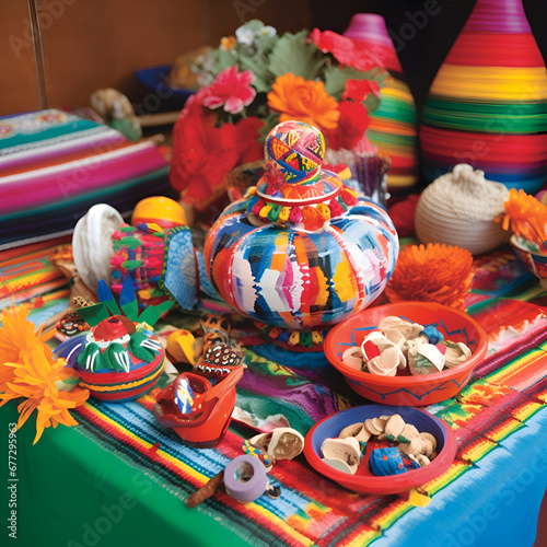 Traditional mexican pottery with flowers and candies in Mexico