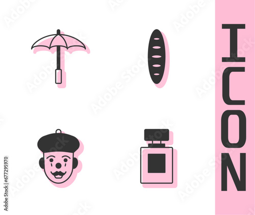 Set Perfume, Umbrella for beach, French mime and baguette bread icon. Vector