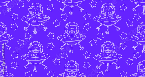 Beaded pattern in doodle style. Vector background with cat character in space. Cute space cats. Wrapping paper, print, wallpaper.