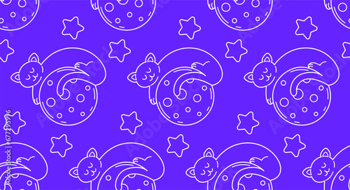 Beaded pattern in doodle style. Vector background with cat character in space. Cute space cats. Wrapping paper, print, wallpaper.