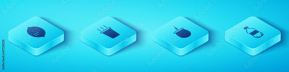 Set Isometric Lemon, Cup of tea, Bottle water and Mate icon. Vector Set Isometric Lemon, Cup of tea, Bottle water and Mate icon. Vector
