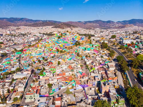 Colorful buildings in Cubitos district in Pachuca, Hidalgo state, Mexico. Grand Mural - the biggest Mural in the World