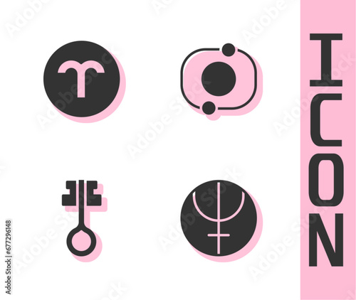 Set Neptune planet, Aries zodiac, Old magic key and Solar system icon. Vector