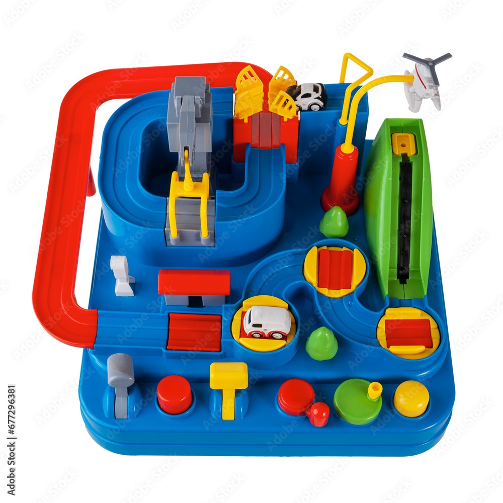 Fototapeta premium Children's toy slide with obstacles for passing cars along the road toys for kids isolated on a white background