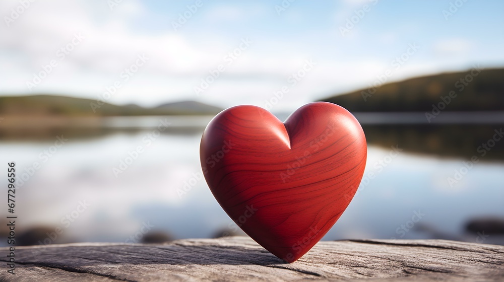 Fototapeta premium Close up of a dark red wooden Heart in front of a beautiful Lake. Blurred natural Background