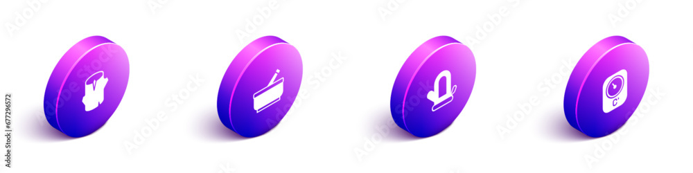Set Isometric Wooden log, Mortar and pestle, Sauna mitten and thermometer icon. Vector Set Isometric Wooden log, Mortar and pestle, Sauna mitten and thermometer icon. Vector