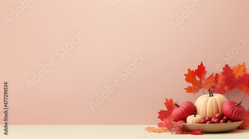 Thanksgiving background with colorful pumpkins, autumn leaves and beans