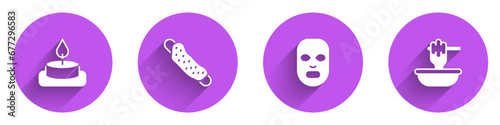 Set Aroma candle, Washcloth, Facial cosmetic mask and Honey dipper stick with bowl icon with long shadow. Vector