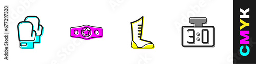 Set Boxing glove, belt, Sport boxing shoes and mechanical scoreboard icon. Vector