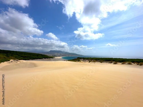 view from the top of the high sand dunes in Bolonia with a view towards the Atlantic Ocean, Bolonia, Costa de la Luz, Andalusia, Cadiz, Spain