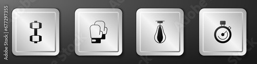 Set Dumbbell, Boxing glove, Punching bag and Stopwatch icon. Silver square button. Vector