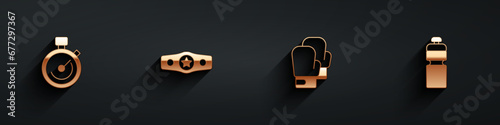 Set Stopwatch, Boxing belt, glove and Fitness shaker icon with long shadow. Vector