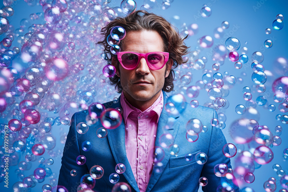 Homme avec des lunette de soleil posant dans un studio avec des bulles, portrait de mode Homme avec des lunette de soleil posant dans un studio avec des bulles, portrait de mode