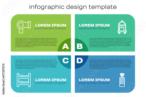 Set line Hotel room bed, Hair dryer, Remote control and Suitcase. Business infographic template. Vector