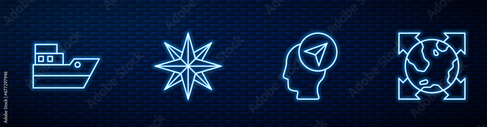 Set line Location with person, Ship line path, Wind rose and World globe compass. Glowing neon icon on brick wall. Vector Set line Location with person, Ship line path, Wind rose and World globe compass. Glowing neon icon on brick wall. Vector