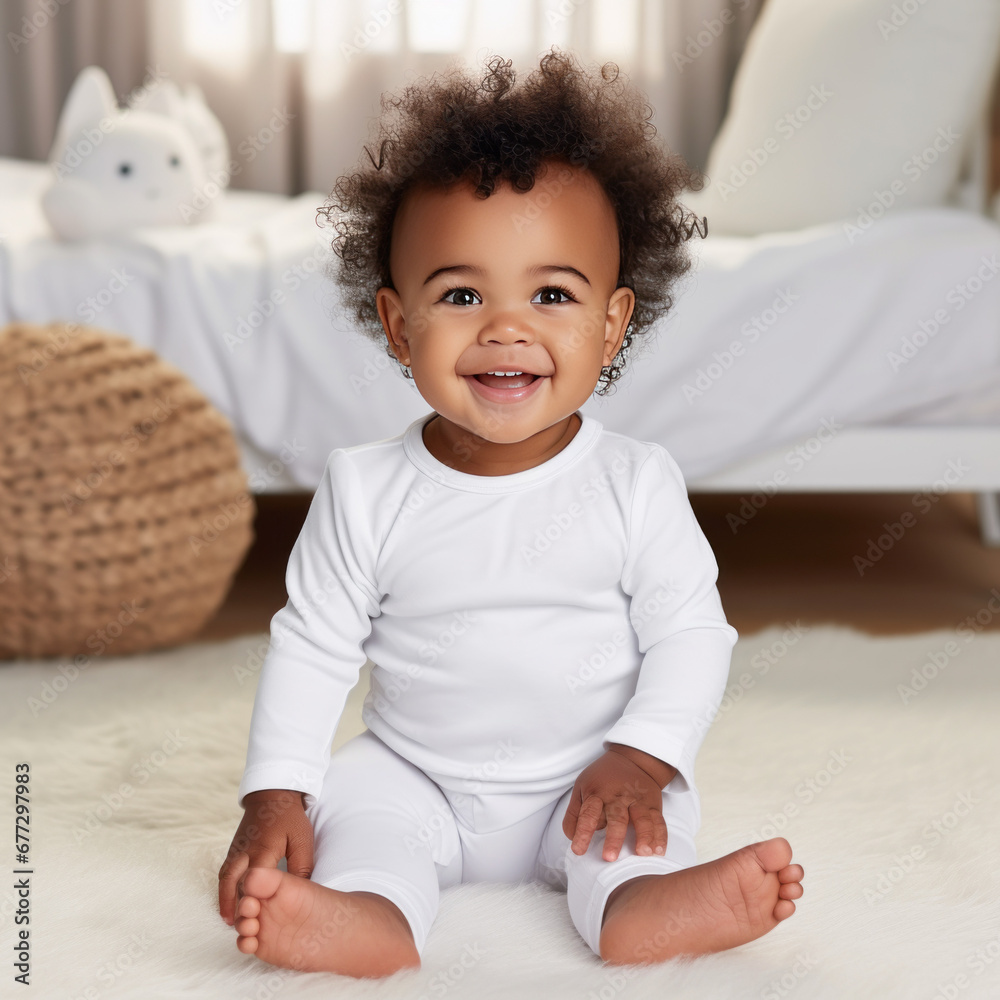 Fototapeta premium Portrait of Joyful African Girl Baby with White Bodysuit - mockup onesie template and print a mock-up presentation. 