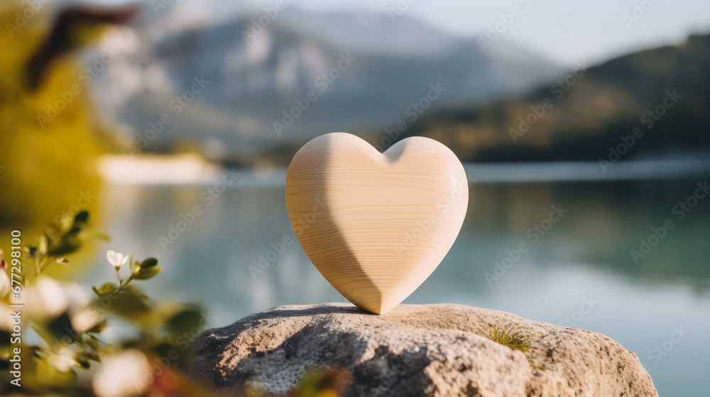 Fototapeta premium Close up of a ivory wooden Heart in front of a beautiful Lake. Blurred natural Background