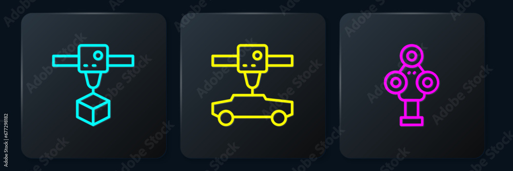 Set line 3D printer cube, scanner and car. Black square button. Vector Set line 3D printer cube, scanner and car. Black square button. Vector
