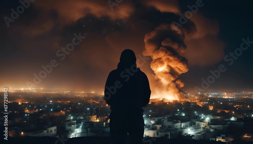 Man looking at burning city at night. Mixed media. Mixed media